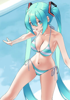 1girl absurdres amaama_(beccyonaika1) aqua_eyes aqua_hair bare_shoulders beach bikini breasts cleavage closed_mouth collarbone commentary_request cowboy_shot day dot_nose hair_between_eyes hair_ornament hatsune_miku highres light_blush long_hair looking_at_viewer medium_breasts navel ocean outdoors side-tie_bikini_bottom solo striped_bikini striped_clothes swimsuit tongue tongue_out twintails very_long_hair vocaloid water