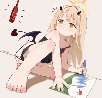 Rule 34 | 1girl, ^^^, bare arms, bare legs, bare shoulders, barefoot, black chemise, black horns, black tail, black wings, blonde hair, blue archive, chemise, child's drawing, closed mouth, collar, commentary, crayon, demon girl, demon horns, demon tail, demon wings, dutch angle, halo, highres, horns, ibuki (blue archive), long hair, red collar, solo, spaghetti strap, sseopik, tail, toes, wings, yellow eyes, yellow halo