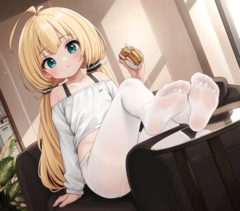 1girl ahoge blonde_hair burger chair commentary comodox eating english_commentary feet food green_eyes highres indoors legs long_hair looking_at_viewer low_twintails midriff miu_(comodox) no_pants no_shoes original pantyhose shirt sitting soles solo table thighs toes twintails white_pantyhose white_shirt window