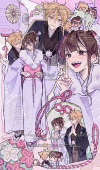 absurdres black_eyes blonde_hair chibi flat_color highres japanese_clothes lantern looking_at_another multiple_views open_mouth paper_lantern praying v xiabai