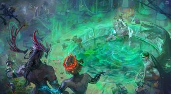 2boys 4girls absurdres arachne_(hades) branch completely_nude eris_(hades) from_behind hades_(series) hades_2 highres icarus_(hades) laurel_crown looking_at_another melinoe_(hades) mixed-sex_bathing moros_(hades) multiple_boys multiple_girls muscular muscular_female nemesis_(hades) nude onsen shared_bathing short_hair single_wing standing tony_cromos water wings