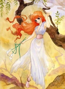 Rule 34 | 1980s (style), 1girl, black eyes, climbing tree, dress, floating hair, flower, full body, highres, holding, holding flower, inomata mutsumi, long hair, maarin (windaria), non-web source, official art, oldschool, outdoors, painting (medium), red hair, retro artstyle, sleeveless, sleeveless dress, solo, standing, traditional media, watercolor (medium), white dress, windaria
