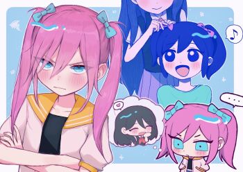 ... 3girls alternate_hairstyle aubrey_(faraway)_(omori) aubrey_(headspace)_(omori) aubrey_(omori) black_sweater_vest blue_bow blue_eyes blue_shirt blue_skin blush bow chibi closed_mouth collared_shirt colored_skin crop_top crossed_arms double-parted_bangs hair_between_eyes hair_bow hands_in_pockets heart highres jacket long_hair looking_at_another mari_(faraway)_(omori) mari_(headspace)_(omori) mari_(omori) multiple_girls musical_note omori open_mouth pink_hair pleated_skirt purple_eyes purple_hair red_skirt shirt short-sleeved_jacket short_hair short_sleeves short_twintails skirt smile speech_bubble spoken_ellipsis spoken_heart spoken_musical_note sweater_vest thought_bubble tongue twintails white_jacket white_shirt white_skin yama_(toaru_puyopuyo)
