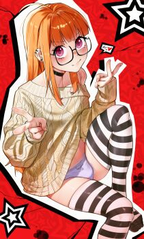 1girl absurdres ahoge aran_sweater bare_shoulders black-framed_eyewear black_choker blunt_bangs blush bow bow_panties cable_knit choker closed_mouth collarbone commentary double_v ear_piercing earrings english_commentary glasses heart highres jewelry knee_up long_hair long_sleeves looking_at_viewer no_pants off_shoulder orange_hair outline panties persona persona_5 piercing purple_eyes purple_panties red_background sakura_futaba sitting sleeves_past_wrists smile solo star_(symbol) striped_clothes striped_thighhighs sweater thighhighs underwear v waligner white_outline yellow_sweater