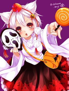 Rule 34 | 1girl, :o, animal ears, bag, black skirt, blush, breasts, candy, chikuwa savy, commentary request, cowboy shot, detached sleeves, double-parted bangs, food, food-themed hair ornament, ghostface, hair ornament, halloween, hat, holding, holding candy, holding food, holding lollipop, inubashiri momiji, large breasts, lollipop, long sleeves, looking at viewer, open mouth, orange bag, pom pom (clothes), print skirt, pumpkin hair ornament, purple background, red eyes, red hat, scream (movie), shirt, short hair, shoulder bag, simple background, skirt, solo, swirl lollipop, tokin hat, touhou, twitter username, white hair, white shirt, wide sleeves, wolf ears, wolf girl
