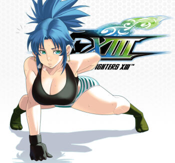 1girl bad_id bad_pixiv_id blue_eyes blue_hair blush breasts breath cleavage earrings exercising female_focus gloves hanging_breasts jewelry king_of_fighters_xiii large_breasts legs leona_heidern lips long_hair long_legs maou_alba matching_hair/eyes panties ponytail push-ups snk socks solo spread_legs steam striped_clothes striped_panties sweat tank_top the_king_of_fighters the_king_of_fighters_xiii thighs underwear