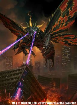 battra bug building butterfly city cross_promotion crossover destruction electricity energy energy_beam epic explosion eye_beam fire glowing glowing_eyes godzilla_(series) godzilla_vs._mothra highres insect kaiju laser lightning_eyes magic:_the_gathering moth nekoemonn night official_art plasma prism_beam stinger tail third-party_edit toho wings wizards_of_the_coast