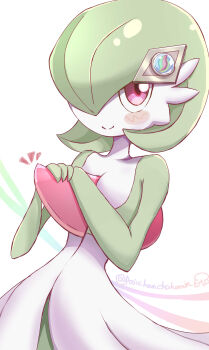 1girl absurdres artist_name blush blush_stickers bob_cut breasts chokomin closed_mouth colored_skin cowboy_shot female_focus gardevoir gen_3_pokemon green_hair green_skin hair_ornament hair_over_one_eye hairclip hands_up happy highres looking_at_viewer mega_stone multicolored_skin nintendo notice_lines one_eye_covered pokemon pokemon_(anime) pokemon_(creature) poketoon red_eyes short_hair signature small_breasts smile solo split_mouth standing twitter_username two-tone_skin white_background white_skin