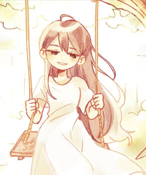 1girl black_eyes black_hair blush commentary_request double-parted_bangs dress hair_between_eyes long_hair looking_at_viewer mari_(faraway)_(omori) mari_(omori) o_tori_mhyk omori on_swing parted_lips short_sleeves sitting smile solo swing white_dress