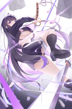 1girl absurdres attack bandaged_leg bandages black_hair black_shirt black_shoes black_skirt block_heels blunt_bangs breasts bright_pupils chitose_(stella_sora) cleavage colored_inner_hair commentary covered_mouth crop_top debris from_below from_side glint grey_background highres holding holding_sword holding_weapon incoming_attack katana kneehighs large_breasts legs long_hair long_sleeves looking_at_viewer midair miniskirt mole mole_under_eye motion_blur multicolored_hair multiple_swords navel pleated_skirt purple_hair purple_streaks purple_trim rock s4n shirt shoes skirt slashing socks solo stella_sora streaked_hair sword tassel thighs underboob very_long_hair weapon white_pupils