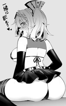 Rule 34 | 1girl, :d, absurdres, adapted costume, arched back, ass, bare shoulders, belt, bikini, bikini under clothes, blush, breasts, burnice white, capitan wei, commentary request, cowboy shot, elbow gloves, eyewear on head, from behind, gloves, grey background, greyscale, hair between eyes, hair ornament, heart, highres, looking at viewer, looking back, medium breasts, medium hair, microskirt, monochrome, open mouth, profile, shrug (clothing), sideways glance, simple background, sitting, skirt, sleeveless shrug, smile, solo, spiked belt, spoken heart, sunglasses, sweat, swimsuit, text hair ornament, thighhighs, translated, twintails, zenless zone zero