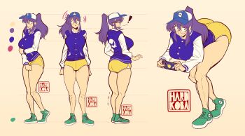 absurdres ass baseball_cap blue_jacket breasts food fruit ghost glasses green_shoes hair_between_eyes hardkoba hat high_ponytail highres huge_ass jacket large_breasts model_sheet orange_(fruit) original phone ponytail purple_eyes purple_hair scared shoes shorts sidelocks sweatdrop thick_thighs thighs yellow_shorts