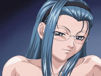 00s 1girl 2002 animated animated_gif aqua_hair aroused bare_shoulders bible_black bible_black_gaiden blue_hair collarbone female_focus glasses hairband long_hair mind_control mochida_junko nude public_indecency removing_glasses school school_assembly school_hall solo tagme