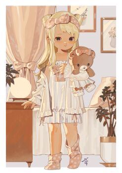 1girl aged_down arm_at_side bed bedroom blonde_hair border borrowed_character bow_hairband cardigan child closed_mouth collarbone commission curtains dark-skinned_female dark_skin full_body hairband hand_up highres holding holding_stuffed_toy indoors light_smile long_hair looking_at_viewer matching_outfits n122425 nightgown open_cardigan open_clothes orange_hairband orange_socks original outside_border picture_frame plant polka_dot polka_dot_hairband polka_dot_socks potted_plant second-party_source side_part sidelocks signature single_off_shoulder skeb_commission sleepwear socks solo standing stuffed_animal stuffed_toy teddy_bear white_border white_cardigan white_nightgown
