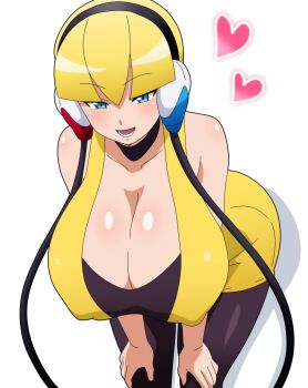 1girl bare_shoulders blonde_hair blue_eyes breasts cleavage collarbone elesa_(pokemon) eyebrows_hidden_by_hair hitokiwa_kenchin huge_breasts looking_at_viewer nintendo open_mouth pokemon simple_background solo white_background