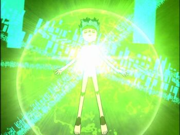 1boy barefoot biomerge closed_eyes completely_nude digimon digimon_tamers energy full_body fusion henshin lee_jianliang male_focus matrix_evolution nude open_mouth penis short_hair shota small_penis solo toes transformation