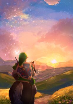 Rule 34 | 1boy, absurdres, blonde hair, boots, brown boots, brown gloves, earrings, epona, facing away, fairy, from behind, gloves, green hat, green tunic, hashtag-only commentary, hat, highres, horse, horseback riding, jewelry, lens flare, link, male focus, master sword, naltu101, navi, nintendo, pants, phrygian cap, pointy ears, riding, shield, shield on back, shirt, short hair, sunset, sword, sword on back, the legend of zelda, the legend of zelda: ocarina of time, tunic, weapon, weapon on back, white pants, white shirt