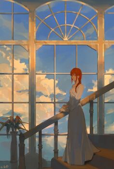 1girl braid braided_ponytail breasts chainsaw_man choker commentary_request dress golden_hour indoors korean_commentary long_dress long_hair long_sleeves looking_at_viewer makima_(chainsaw_man) null_(skev7724) red_hair ringed_eyes sidelocks smile solo stairs white_choker white_dress wide_sleeves window yellow_eyes