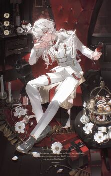 Rule 34 | 1boy, absurdres, armchair, beads, blackberry (fruit), book, bottle, box, brooch, cake, cake slice, candle, candlestand, chair, cherry, closed mouth, crossed bangs, cup, desk lamp, dessert, drinking glass, eyelashes, floor, flower, food, fruit, full body, gem, gift, gift box, glass, hair between eyes, head rest, highres, holding, holding cup, jacket, jewelry, lamp, lapels, light particles, long hair, long sleeves, looking at viewer, macaron, male focus, notched lapels, open book, original, pants, pearl (gemstone), perfume bottle, petals, picture frame, red eyes, red gemstone, rug, shirt, shoes, sidelocks, sitting, smile, solo, strawberry, tassel, tomatosoosu, vase, watermark, white flower, white hair, white jacket, white pants, white petals, white shirt, wine bottle, wine glass, wooden floor