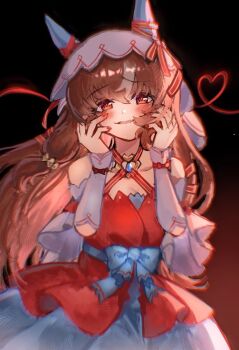 animal_ears blush bow breasts brown_hair collarbone detached_sleeves ear_covers ear_ribbon hair_between_eyes hair_ornament horse_ears horse_girl horse_tail long_hair looking_at_viewer open_mouth red_eyes simple_background small_breasts smile solo still_in_love_(scarlet_vow_raiment)_(umamusume) still_in_love_(umamusume) string string_of_fate sui_sui0510 tail umamusume veil white_streaks white_veil yandere yandere_trance