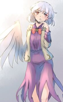 1girl blush bow bowtie brown_jacket collared_shirt commentary_request covering_own_mouth feet_out_of_frame grey_background grey_hair hand_over_own_mouth jacket kishin_sagume knees long_sleeves one-hour_drawing_challenge open_clothes open_jacket parted_lips purple_shirt purple_skirt rangycrow red_bow red_bowtie red_eyes shirt short_hair sideways_glance single_wing skirt solo touhou wings