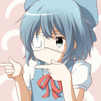 10s 1girl animated animated_png blue_bow blue_eyes blue_hair bow chuunibyou_demo_koi_ga_shitai! cirno closed_mouth dancing dot_nose ears expressionless eyepatch female_focus funia hair_between_eyes hair_bow jumping looking_to_the_side matching_hair/eyes medical_eyepatch nose parody red_ribbon ribbon short_hair short_sleeves simple_background solo sparkling_daydream touhou