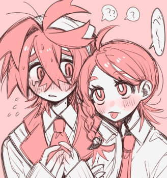 Rule 34 | 1boy, 1girl, ?, ahoge, blueberry academy school uniform, blush, braid, crossed bangs, flying sweatdrops, hair between eyes, hairband, head on another's shoulder, highres, juliana (pokemon), kieran (pokemon), looking at another, mole, mole on neck, monochrome, necktie, nintendo, pink background, pink theme, pokemon, pokemon sv, school uniform, side braid, sketch, spoken question mark, tisanntisyou, tongue, tongue out