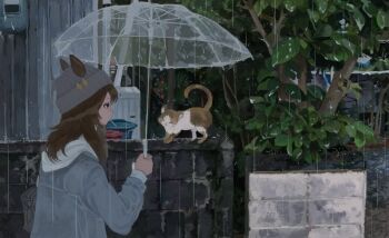 1girl animal_ears bag beanie brick brown_hair building ear_ornament ears_through_headwear grey_hat hair_between_eyes hat highres holding holding_umbrella hood hoodie horse_ears horse_girl house jacket jacket_over_hoodie landscape leaf long_hair long_sleeves nakayama_festa_(umamusume) nature outdoors pineconete rain scenery shoulder_bag solo striped_hat transparent transparent_umbrella trash_can tree umamusume umbrella water_drop