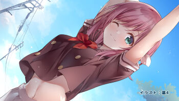 1girl ;3 arm_behind_head arms_up artist_name atri-my_dear_moments- blue_sky blush bow bowtie brown_shirt buttons closed_mouth cowboy_shot day double-breasted dutch_angle end_card eyelashes green_eyes guest_art hair_between_eyes highres kamishiro_minamo looking_at_viewer medium_hair midriff motoyon navel one_eye_closed outdoors red_bow red_bowtie red_hair school_uniform serafuku shirt short_sleeves sky smile solo split_mouth stomach stretching tareme utility_pole