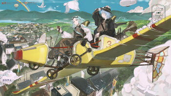 1boy 1girl aircraft akihare aqua_eyes aqua_hair bird black_gloves black_hat black_shoes blue_hair brown_shirt brown_skirt brown_vest building character_request cloud collar commission controller copyright_request day dirigible fantasy frilled_collar frills glasses gloves goggles goggles_on_head hand_on_own_hat hat highres hot_air_balloon house joystick long_sleeves mountain outdoors phonograph photographer piloting pinstripe_pattern pinstripe_shirt puffy_long_sleeves puffy_sleeves rainbow shirt shoes single_glove sitting skirt sword vest watermark weapon white_bird white_shirt