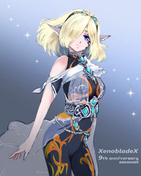 1girl anniversary bare_shoulders blonde_hair blue_eyes bodysuit celica_(xenoblade_x) cowboy_shot dated hair_over_one_eye hairband highres medium_hair mizss monolith_soft pointy_ears solo xeno_(series) xenoblade_chronicles_(series) xenoblade_chronicles_x