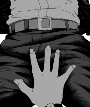1boy 1girl belt boku_no_hero_academia commentary english_commentary female_pov greyscale groping hand_on_another&#039;s_crotch hetero highres jacket midoriya_izuku monochrome mu_1_2 pants pov pov_hands shirt uraraka_ochako watch wristwatch