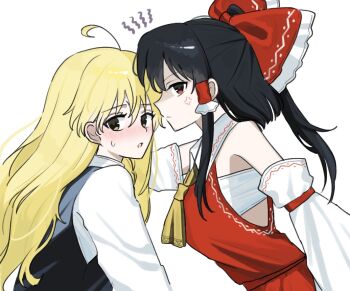 2girls anger_vein angry ascot black_hair black_vest blonde_hair blush bow chest_sarashi closed_mouth commentary_request detached_sleeves frilled_bow frilled_hair_tubes frills hair_bow hair_tubes hakurei_reimu kirisame_marisa long_hair looking_at_viewer mati100311 multiple_girls no_headwear open_mouth red_bow red_eyes red_skirt sarashi simple_background skirt skirt_set sweatdrop third_wheel touhou vest white_background yellow_ascot yellow_eyes yuri