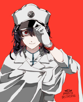 1girl bambietta_basterbine black_hair bleach bleach:_sennen_kessen-hen character_name cloak clothes_grab gloves hair_between_eyes hat highres long_hair military_hat military_uniform nil_note0 red_background red_eyes shirt smile white_cloak white_gloves white_shirt