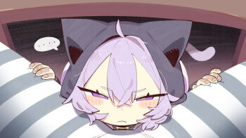 Rule 34 | 1girl, 1other, :<, ahoge, animal ears, black hood, cat ears, cat girl, cat tail, cocomayo29 (tomato), commentary, from above, hair between eyes, hand on another's thigh, highres, hololive, hood, korean commentary, light blush, looking at viewer, nekomata okayu, onigirya (nekomata okayu), pov, purple eyes, purple hair, speech bubble, table, tail, under table, virtual youtuber
