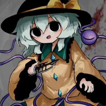 black_eyes black_hat blood blood_splatter buttons diamond_button eyeball frilled_shirt_collar frilled_sleeves frills green_hair green_skirt hat hat_ribbon heripantomorrow holding holding_knife knife komeiji_koishi ribbon shirt skirt third_eye touhou wide_sleeves yellow_ribbon yellow_shirt