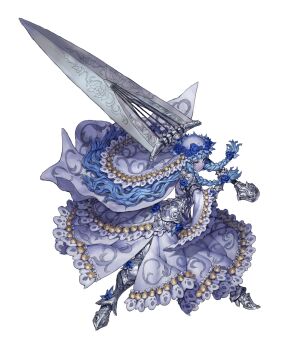 1girl absurdres armor blue_eyes braid doll_joints dress elden_ring elden_ring_nightreign flower_wreath head_wreath highres holding joints long_hair looking_at_viewer nrcgray revenant_(elden_ring) sword twin_braids veil weapon white_background white_dress white_hair white_veil