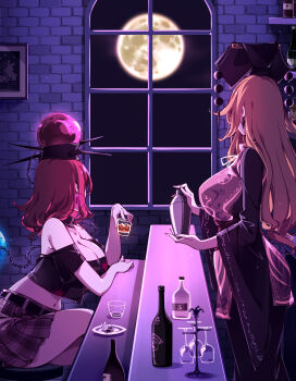 Rule 34 | 2girls, absurdres, blonde hair, breasts, cleavage, dalachi (headdress), earth (ornament), hecatia lapislazuli, highres, junko (touhou), large breasts, long hair, long sleeves, looking at viewer, moon, moon (ornament), multiple girls, no nose, off-shoulder shirt, off shoulder, pointy ears, raptor7, red eyes, red hair, shirt, short sleeves, smile, touhou, underworld (ornament)