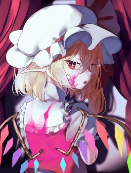 1girl ascot bat_wings blonde_hair blush bow crystal crystal_wings flandre_scarlet hat hat_ribbon highres looking_at_viewer mob_cap multicolored_wings one_side_up open_mouth puffy_short_sleeves puffy_sleeves red_eyes red_skirt red_vest ribbon shirt short_hair short_sleeves side_ponytail skirt skirt_set smile solo touhou vest white_hat wings yashikikoi yellow_ascot