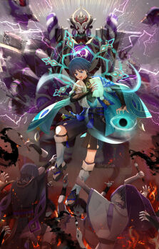 5boys absurdres aqua_halo armor arms_up belt black_belt black_bodysuit black_bow black_bridal_gauntlets black_hair black_kimono black_leggings black_sandals black_sash black_shorts black_sleeves blue_cape blue_eyes blue_kimono blue_pupils blue_sleeves blunt_ends bodysuit bow bridal_gauntlets cable calligraphy_brush cape clenched_teeth clothing_cutout covered_collarbone cracked_skin doll_joints electro_symbol_(genshin_impact) extra_arms eyeliner eyeshadow feathers fire furisode genshin_impact gold_ring gold_trim hakama hakama_shorts halo halo_behind_head han&#039;eri hat highres holding holding_brush holding_paper ink_stain japanese_armor japanese_clothes joints kariginu kimono kote kurokote kuromu_shado layered_kimono layered_sleeves leg_grab leg_warmers leggings magic_circle makeup mandarin_collar mecha middle_ring mitsudomoe_(shape) multicolored_hair multiple_boys multiple_persona o-ring open_clothes open_hand open_kimono open_mouth paintbrush paper pleated_shorts pom_pom_(clothes) purple_electricity purple_hair purple_kimono purple_rope purple_sash purple_sleeves purple_veil reaching reaching_towards_another red_eyeliner red_eyeshadow red_kimono red_sash red_trim robot rope sandals sash scaramouche_(genshin_impact) scaramouche_(kabukimono)_(genshin_impact) scaramouche_(shouki_no_kami)_(genshin_impact) severed_limb shimenawa short_sleeves shorts side_cutout stirrup_legwear streaked_hair string tassel tasuki teeth toeless_legwear toes tomoe_(symbol) tsurime twitter_username unworn_hat unworn_headwear veil vortex wanderer_(genshin_impact) white_kimono white_leg_warmers white_sleeves white_trim wind yellow_feathers zouri