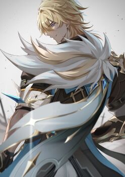 1boy absurdres aice_alice_ice blonde_hair blue_eyes commentary_request from_behind fur-trimmed_jacket fur_trim genshin_impact grey_background highres jacket looking_at_viewer looking_back male_focus parted_lips short_hair smile solo upper_body varka_(genshin_impact)