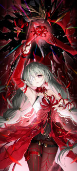 1girl arm_up bandage_over_one_eye bandaged_arm bandages bare_shoulders black_skirt braid breasts commentary_request cowboy_shot detached_sleeves dress earrings fingernails flower glass_shards grey_eyes grey_hair hand_up hecate_(wuthering_waves) highres holding holding_flower jewelry kuramoto_beta-carotene long_hair looking_at_viewer low_twin_braids medium_breasts nail_polish pantyhose parted_lips phrolova_(wuthering_waves) red_dress red_flower red_nails red_pantyhose red_pupils single_detached_sleeve skirt solo spider_lily tacet_mark_(wuthering_waves) twin_braids very_long_hair wuthering_waves