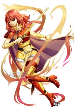 1girl armband armor armored_boots blunt_bangs boots breastplate cape celica_(fire_emblem) celica_(warrior_princess)_(fire_emblem) fire_emblem fire_emblem_echoes:_shadows_of_valentia fire_emblem_gaiden fire_emblem_heroes holding holding_sword holding_weapon jadenkaiba long_hair nintendo official_alternate_costume orange_eyes orange_hair princess red_armor red_eyes red_hair shorts shoulder_pads solo sword thigh_boots warrior weapon yellow_shorts