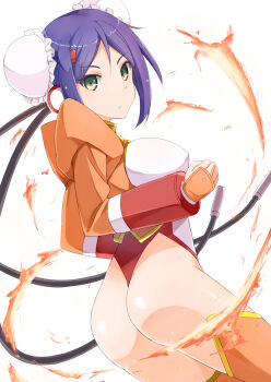 1girl android aq_interactive arcana_heart ass blue_hair breasts bun_cover covered_erect_nipples double_bun examu expressionless female_focus fire green_eyes hair_bun highleg highleg_leotard large_breasts leotard looking_at_viewer mei-fang okosan_(pixiv) shiny_skin short_hair sideboob solo thighhighs thong_leotard