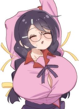 Rule 34 | 1girl, arm behind head, arms up, bakemonogatari, black hair, blush, braid, breasts, bursting breasts, button gap, cleavage, closed eyes, collar, collarbone, collared shirt, glasses, hair ornament, hairclip, hanekawa tsubasa, highres, huge breasts, impossible clothes, impossible shirt, juliet sleeves, large breasts, long hair, long sleeves, monogatari (series), naoetsu high school uniform, open mouth, otaichiichi, partially unbuttoned, pink shirt, popped button, puffy sleeves, red collar, round eyewear, school uniform, shirt, shirt tucked in, simple background, skirt, solo, stretching, sweatdrop, taut clothes, taut shirt, twin braids, undersized clothes, white background, yawning