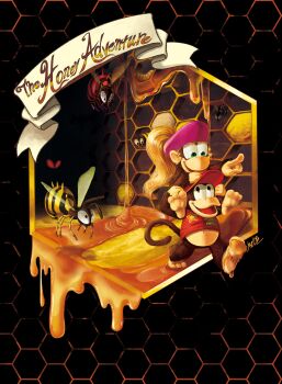 Rule 34 | absurdres, bee, blonde hair, brown eyes, bug, carrying, diddy kong, dixie kong, donkey kong (series), donkey kong country 2, dripping, english text, glowing, glowing eyes, green eyes, hat, highres, honey, honeycomb (object), honeycomb (pattern), honeycomb background, insect, iwaiya, larva, monkey, navel, nintendo, no humans, open mouth, piggyback, pink hat, pointing, pointing forward, ponytail, red hat, red shirt, shirt, zinger (donkey kong)