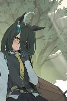 1girl absurdres ahoge animal_ears black_choker black_gloves black_hair black_shirt black_skirt blush choker closed_mouth collared_shirt commentary_request dev_grater ear_tag earrings gloves hair_between_eyes highres horse_ears horse_girl jewelry long_bangs long_hair long_hair_between_eyes long_sleeves looking_at_viewer manhattan_cafe_(creeping_shadow)_(umamusume) manhattan_cafe_(umamusume) multicolored_hair necktie on_bench outdoors shirt single_earring sitting skirt smile solo tree umamusume very_long_hair white_hair white_shirt yellow_eyes yellow_necktie