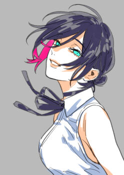 1girl black_choker black_ribbon chainsaw_man choker green_eyes hair_bun i&#039;ll_teach_you_everything_(chainsaw_man) mizuno_minami reze_(chainsaw_man) ribbon shirt shirt_tucked_in single_hair_bun sleeveless sleeveless_shirt solo