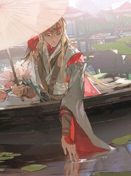 1boy alkaid_mcgrath alkaid_mcgrath_(love_tome) architecture arm_guards black_sash blonde_hair boat cape chinese_clothes closed_mouth day dutch_angle east_asian_architecture expressionless flower gazebo green_eyes hair_between_eyes hanfu headband high_ponytail highres holding holding_umbrella lake lily_pad long_hair long_sleeves looking_down lotus lotus_leaf lovebrush_chronicles male_focus official_alternate_costume oil-paper_umbrella on_boat outdoors outstretched_arm pink_flower ponytail red_cape red_hanfu red_headband reflection reflective_liquid sash shule_de_yu side_cape sitting solo sunlight tassel two-sided_fabric umbrella upper_body very_long_hair waist_sash water watercraft white_hanfu white_umbrella wide_sleeves