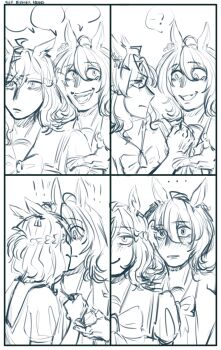 Rule 34 | !, !!, ..., 2girls, agnes tachyon (umamusume), ahoge, blush, bow, bowtie, closed mouth, english text, frown, greyscale, hair between eyes, hako owo, highres, jungle pocket (umamusume), kiss, looking at another, monochrome, multiple girls, parted lips, short hair, surprised, umamusume, yuri